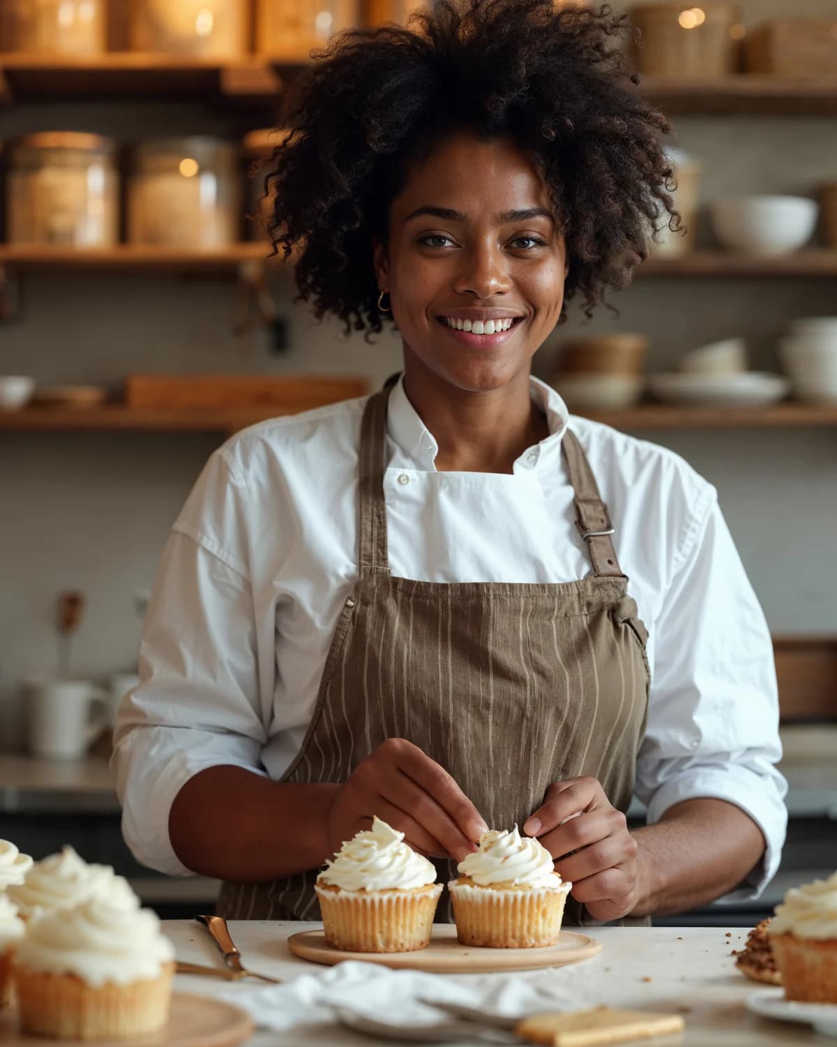 A baker with a tray of cupcakes